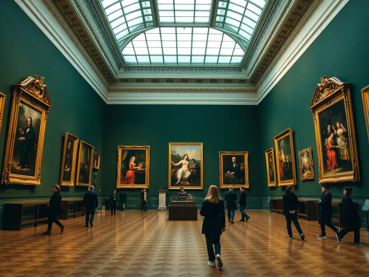 A grand naturally lit Irish art gallery hall with gilt-framed paintings on deep green walls and visitors viewing the collection