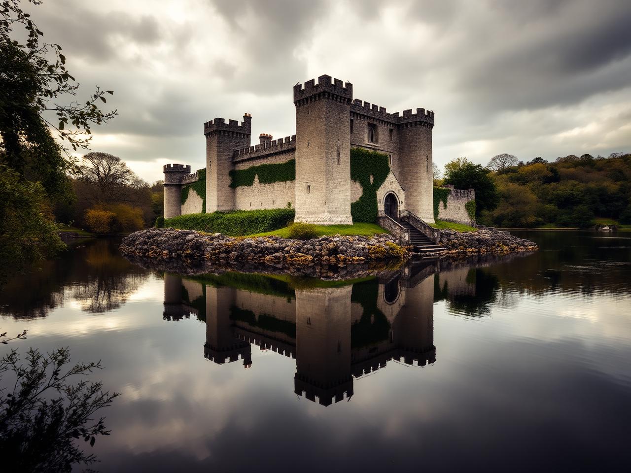 Cahir Castle on its rocky island in the River Suir, reflected in still water under a moody sky