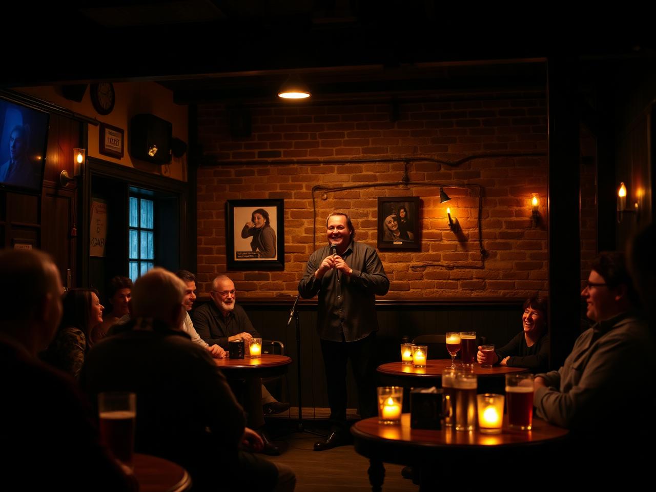 A stand-up comedian under a warm spotlight in the back room of an old Irish pub with a laughing audience