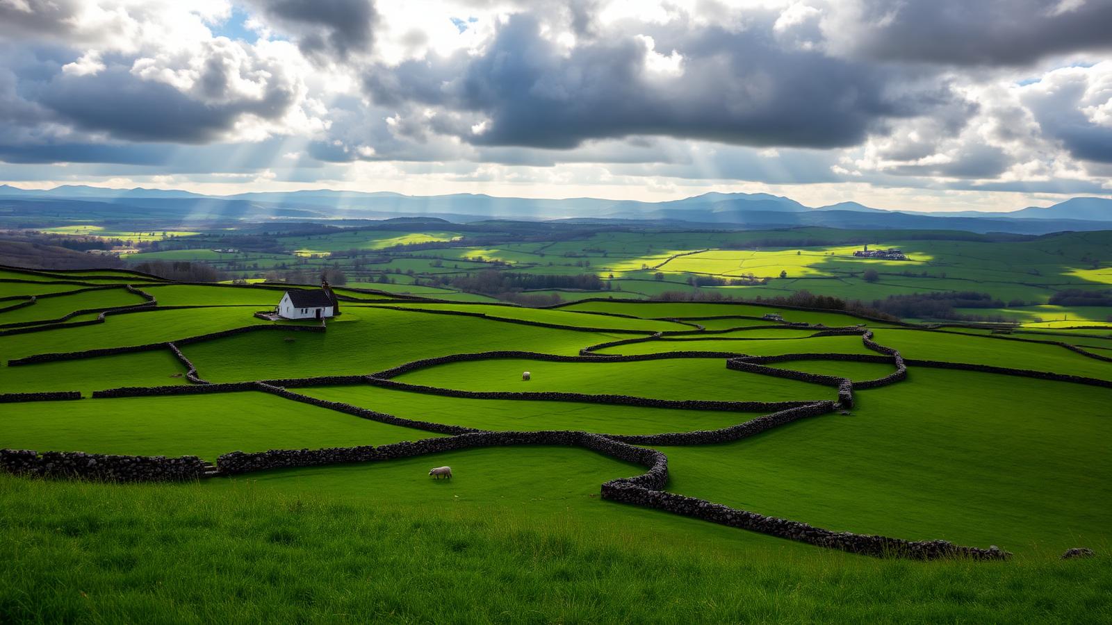 Emerald Irish fields divided by dry-stone walls running for miles towards distant blue mountains under shafts of sunlight