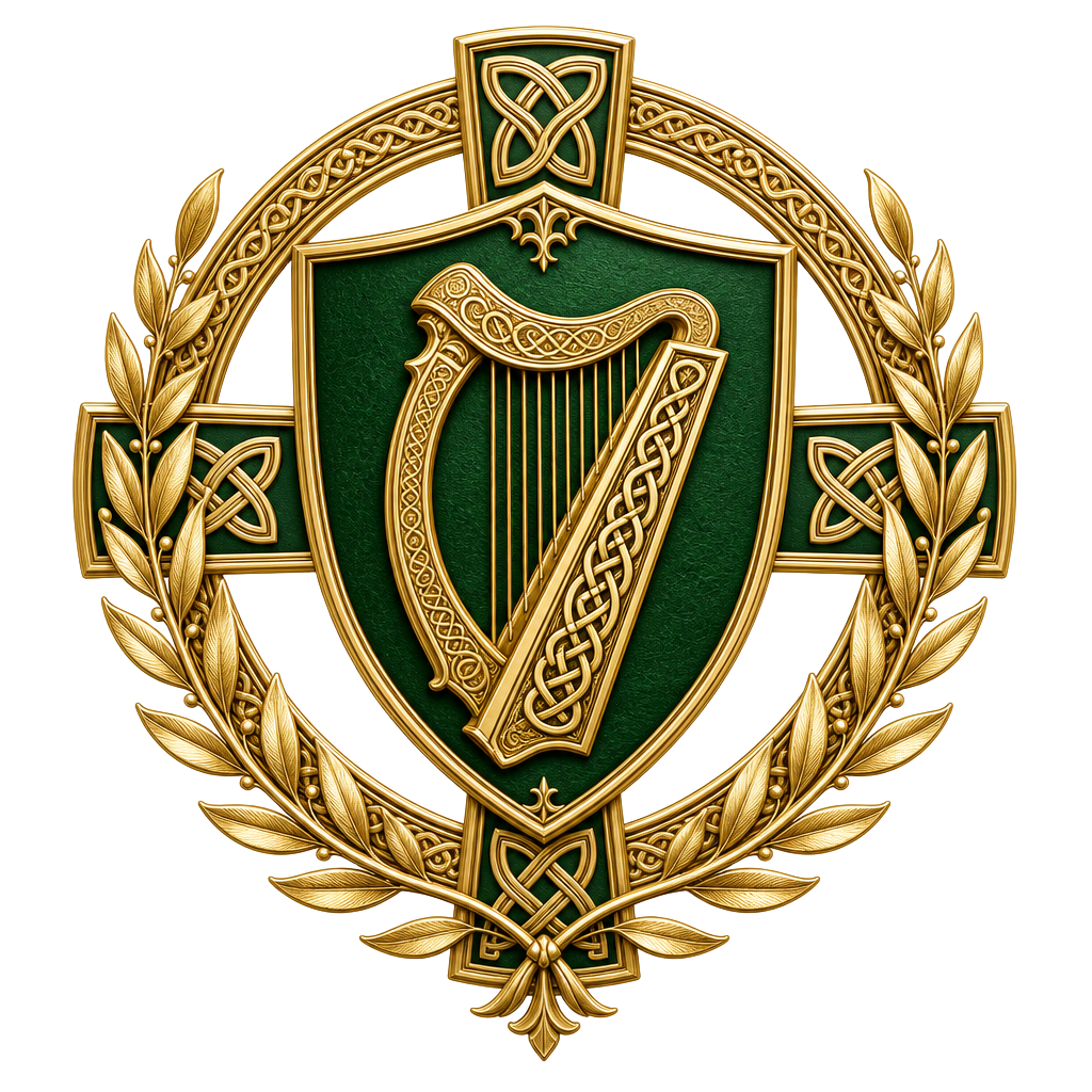 Stone by Stone crest: a golden Irish harp on a green shield within a ringed Celtic cross and laurel wreath