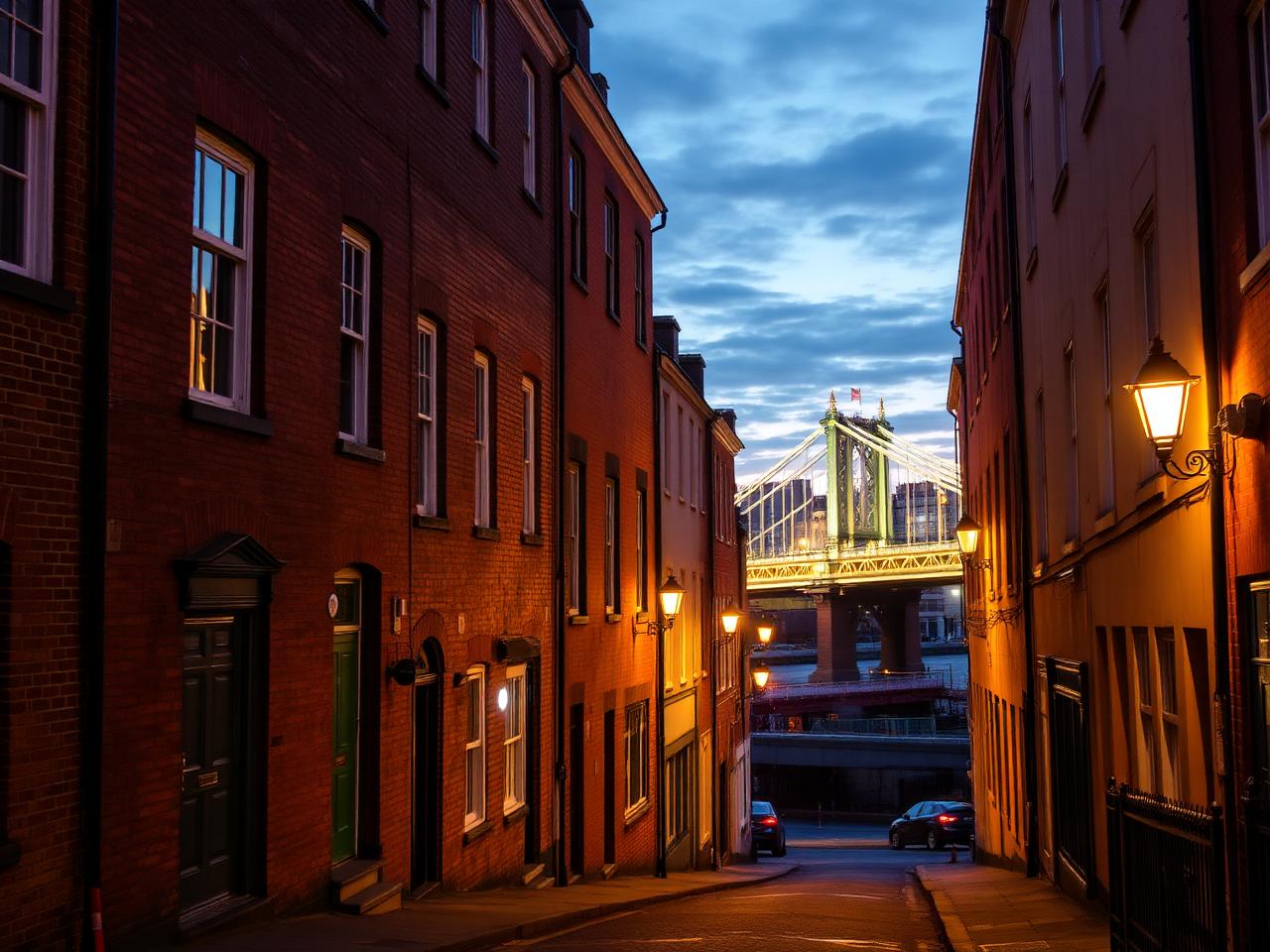 A Georgian Dublin street at dusk with warm lamplight and a bridge over the Liffey beyond