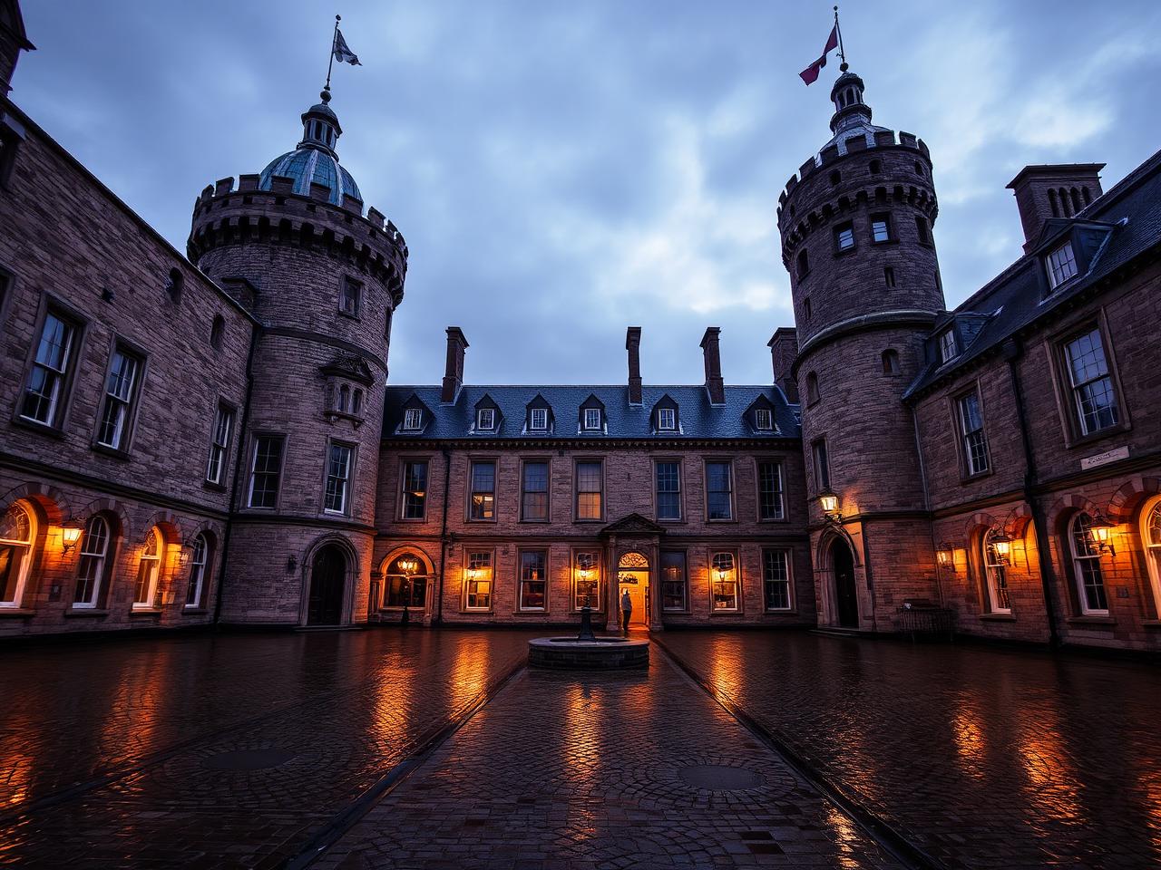 The lamplit courtyard of Dublin Castle with the Record Tower, wet cobbles reflecting the light
