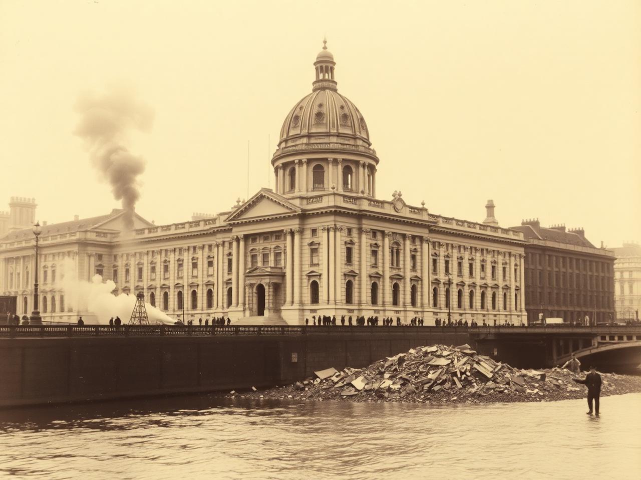 The domed Four Courts on the Dublin quays under bombardment in 1922, smoke rising over the Liffey