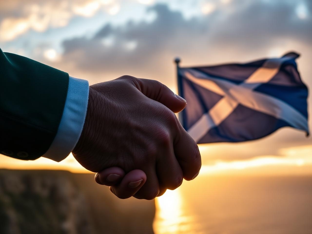 Two hands clasped in a handshake with the Irish tricolour and Scottish saltire flying behind at sunset
