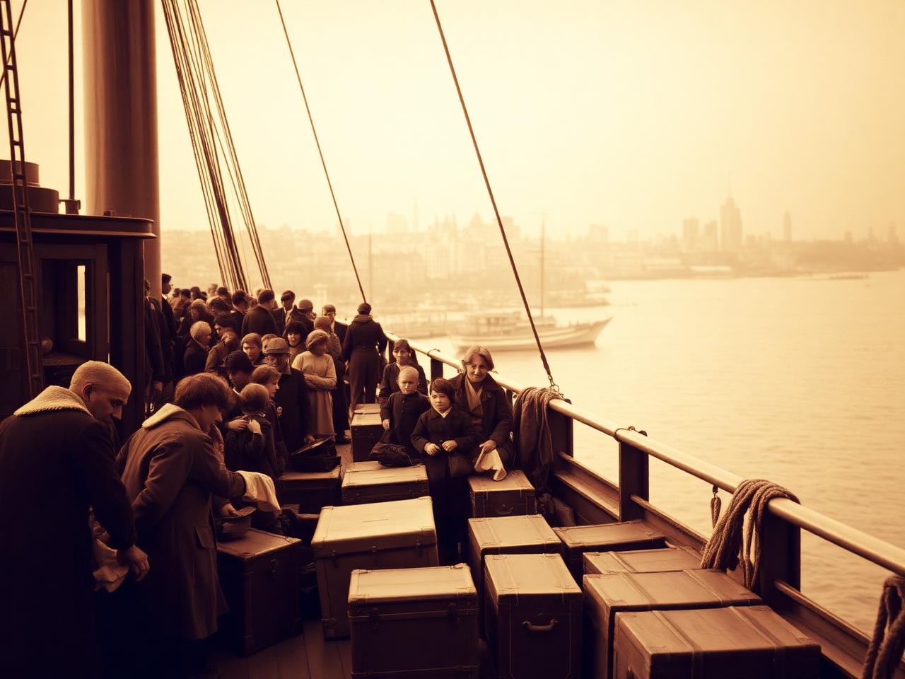 Irish emigrant families with trunks on a steamship deck arriving in New York harbour at dawn