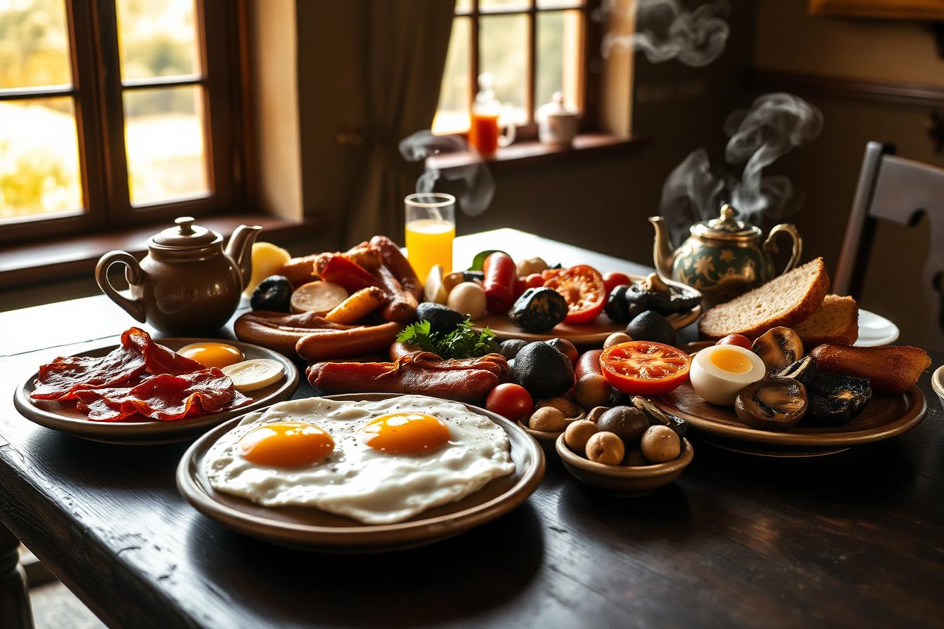 A full Irish breakfast of eggs, rashers, sausages, black and white pudding, tomatoes, mushrooms and soda bread on a farmhouse table
