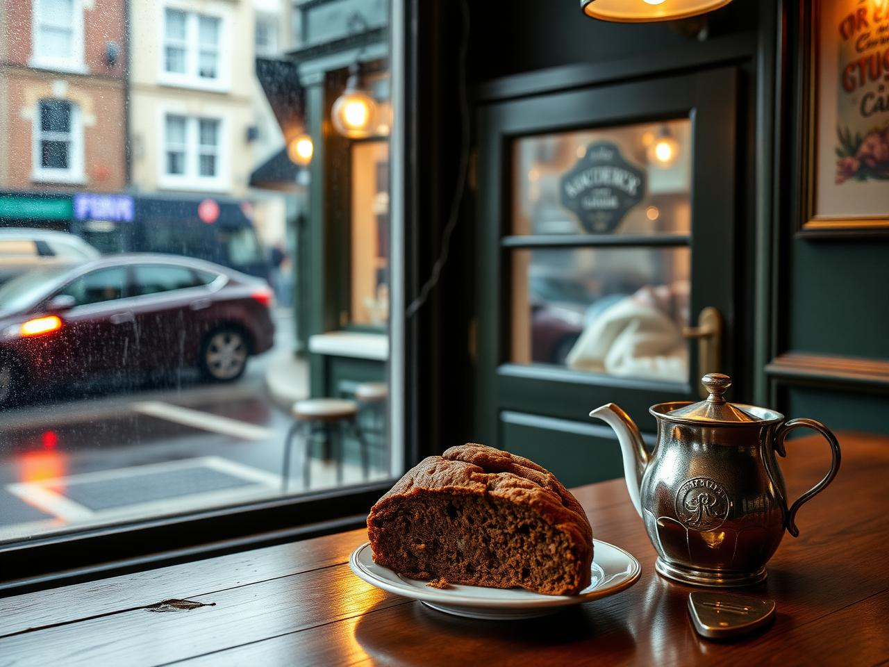 Warm independent Irish café with brown bread, scones and coffee on a wooden counter and people talking by a rain-streaked window