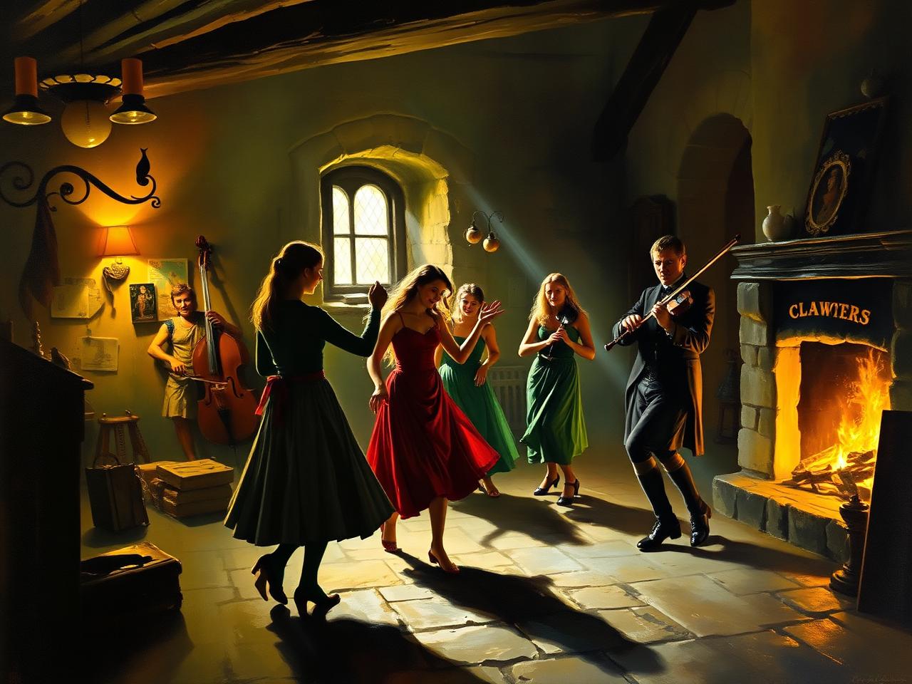 Traditional Irish dancers and musicians in a stone-walled hall lit by firelight