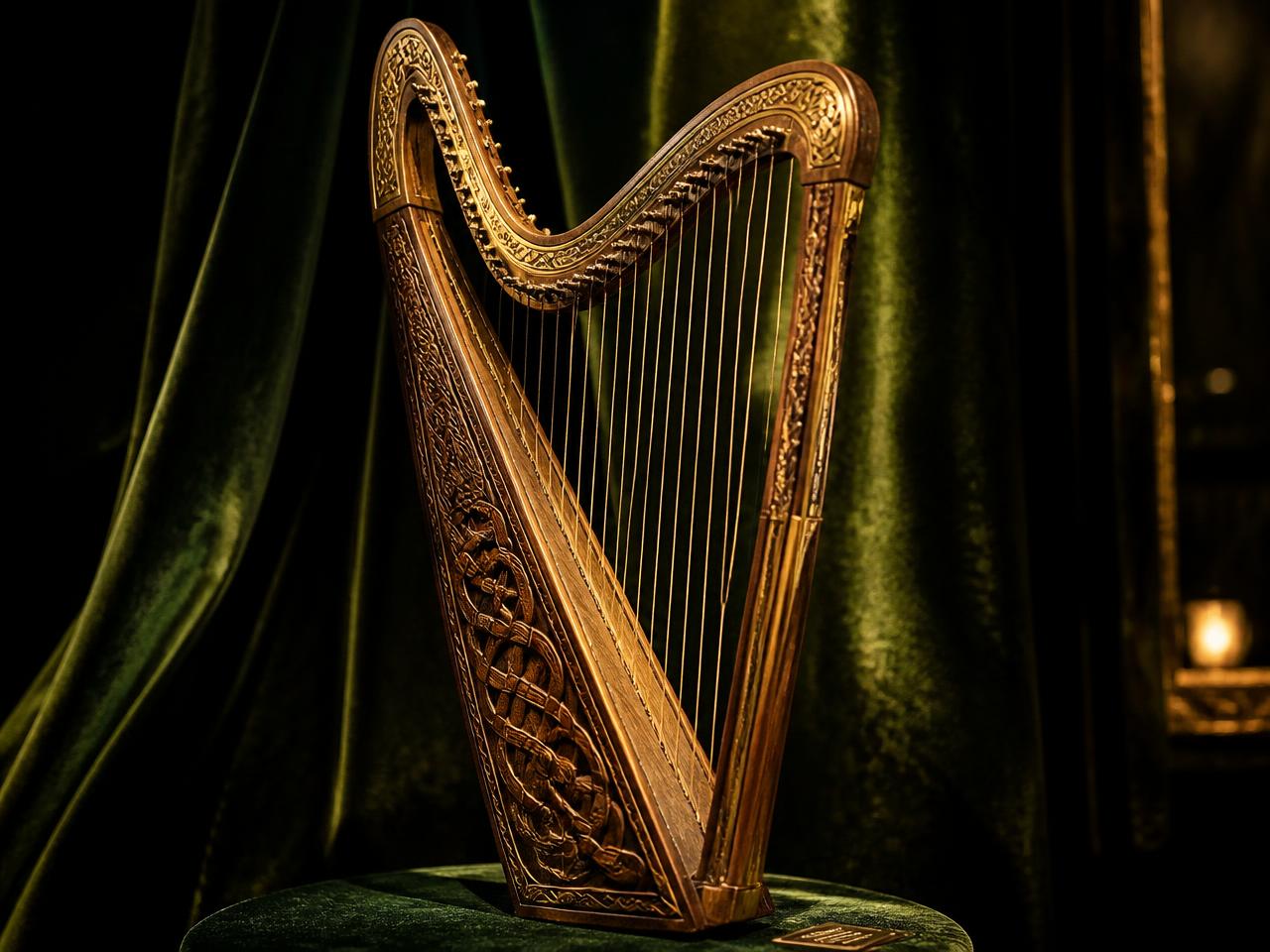 An antique Irish cláirseach harp with a carved willow soundbox and brass strings, lit against deep green velvet