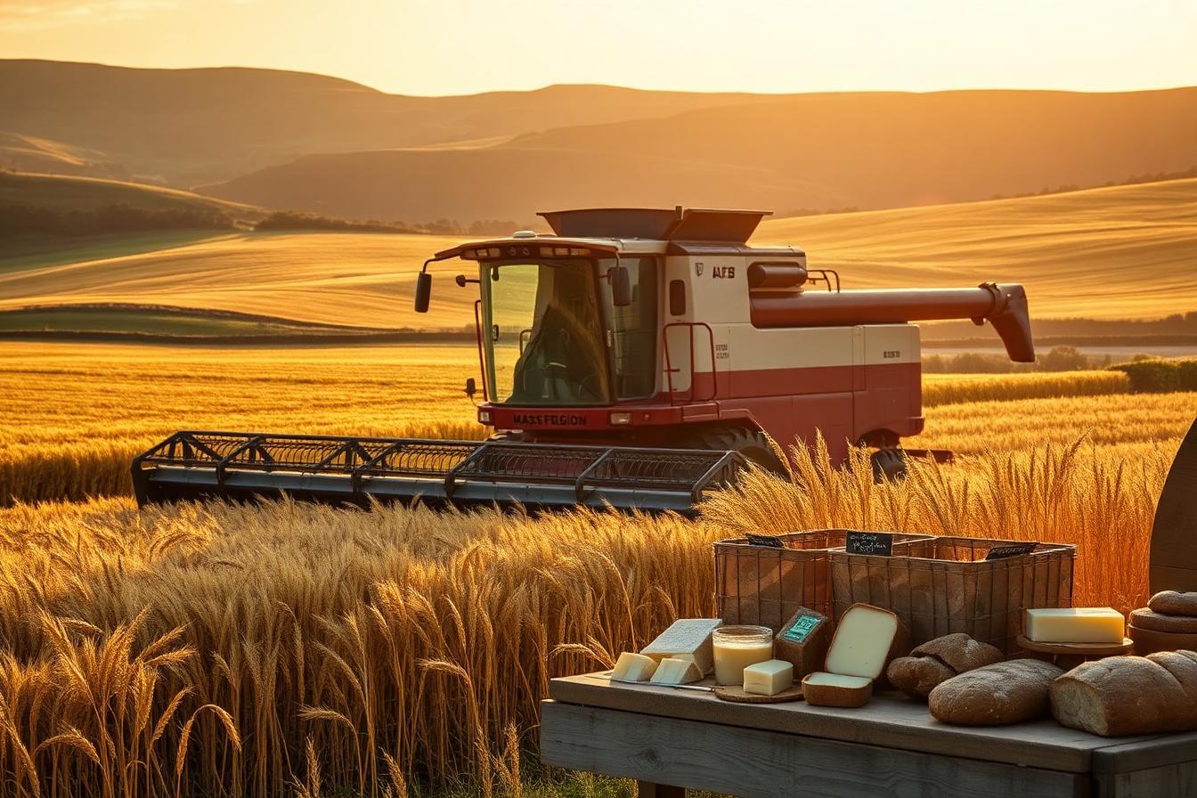 A combine harvester in a golden Irish barley field beside a table of farmhouse cheese, butter and soda bread