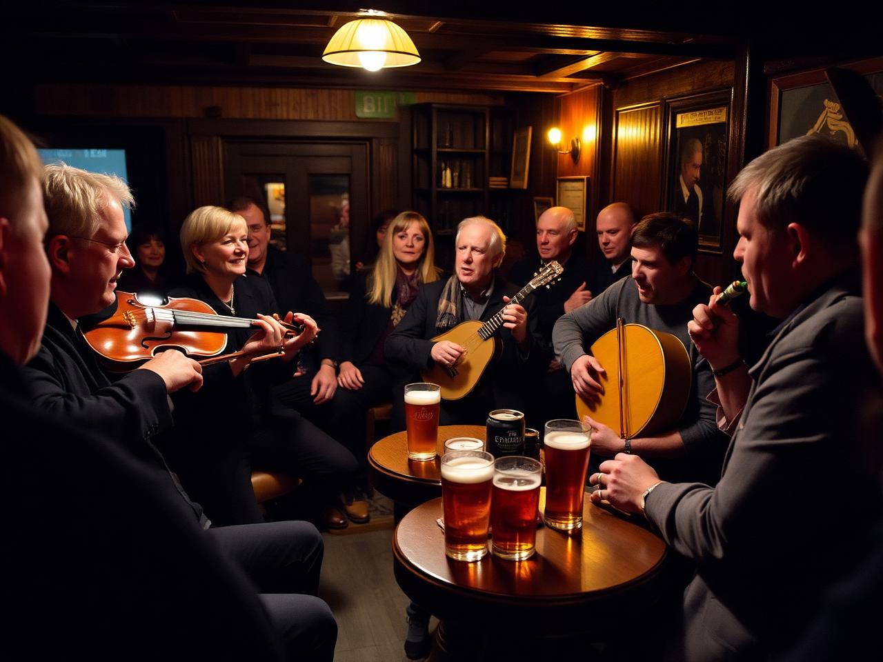 A traditional Irish pub session at night: fiddle, bodhrán, accordion and singers gathered around a small table under warm lamplight