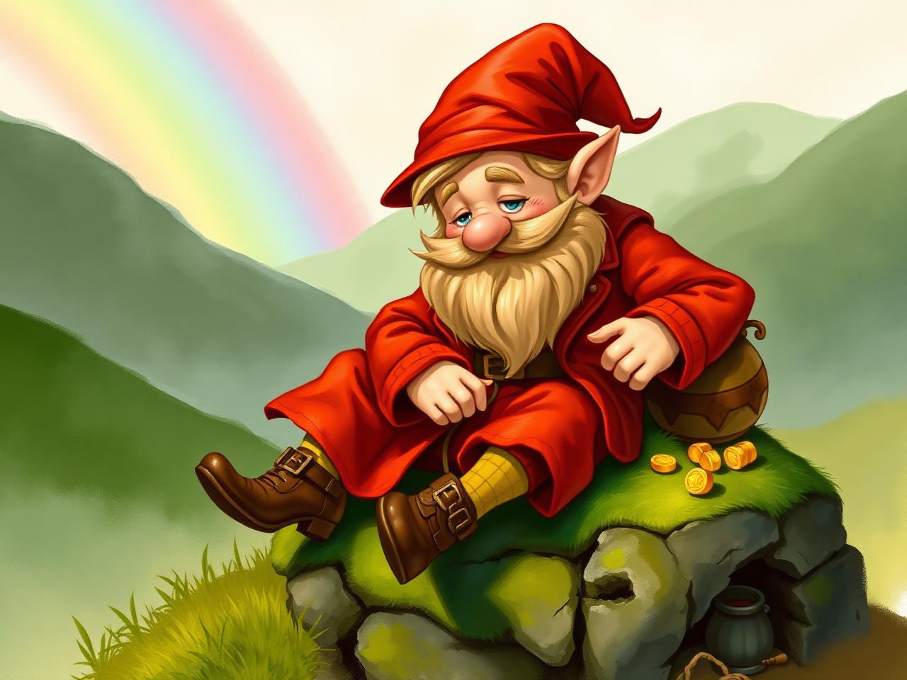 Painted folkloric scene of a bearded leprechaun in a red coat mending a shoe on a mossy stone with a crock of gold and a rainbow