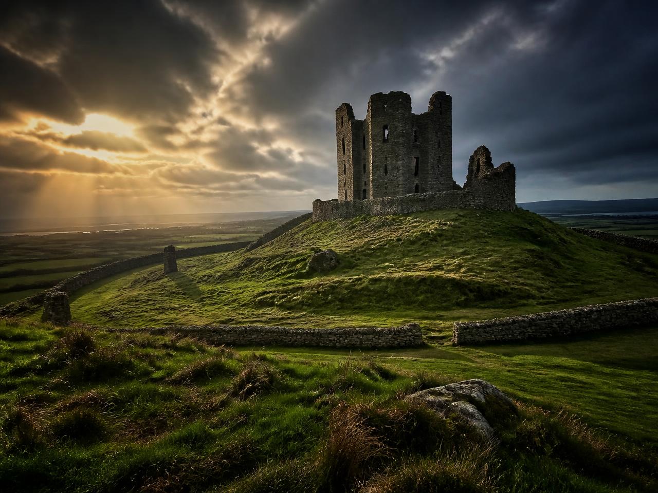 Ruined Norman castle keep on a green hill under a stormy Irish sky