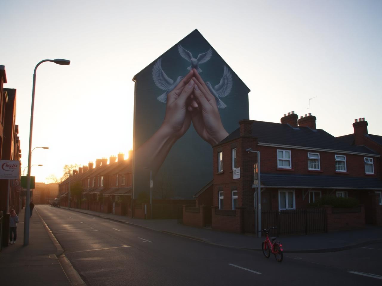 A large peace mural of clasped hands and doves on a Belfast gable wall in golden evening light