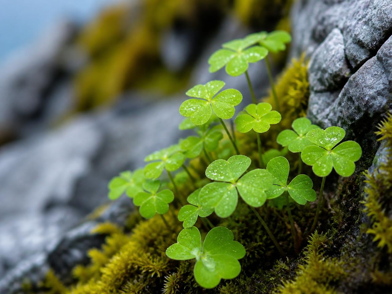 Dew-covered green shamrock leaves growing among mossy Irish limestone