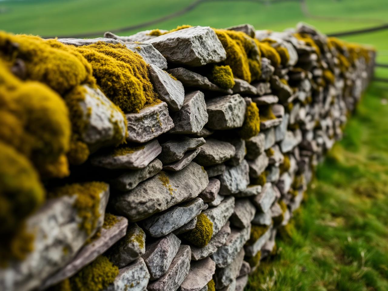 Close view of a moss-covered dry-stone wall in the Irish countryside