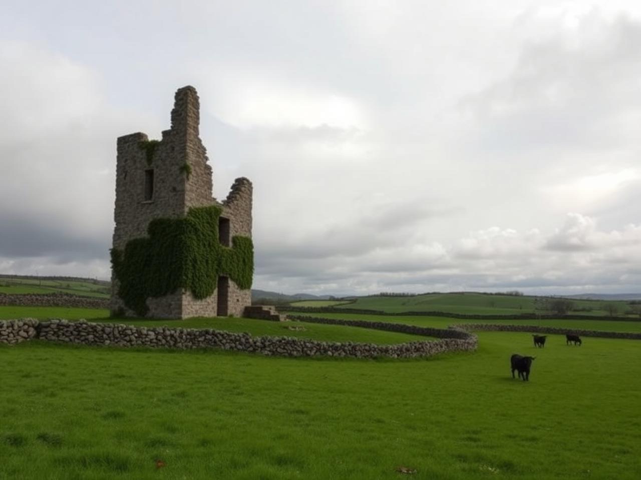 A ruined medieval Irish tower house standing alone in green farmland surrounded by dry-stone walls