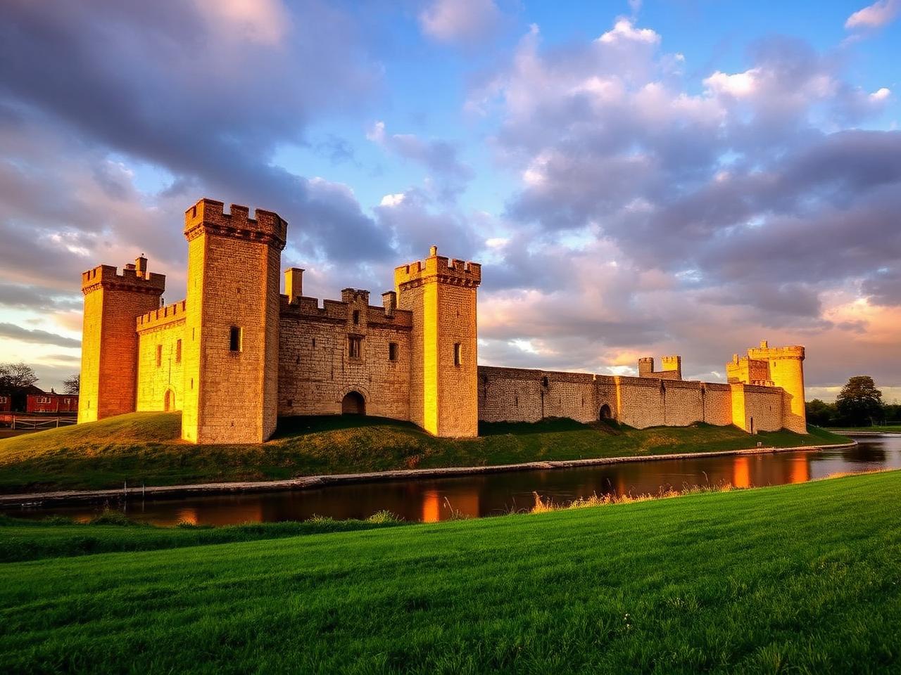 Trim Castle's great Norman keep and curtain walls beside the River Boyne in golden evening light