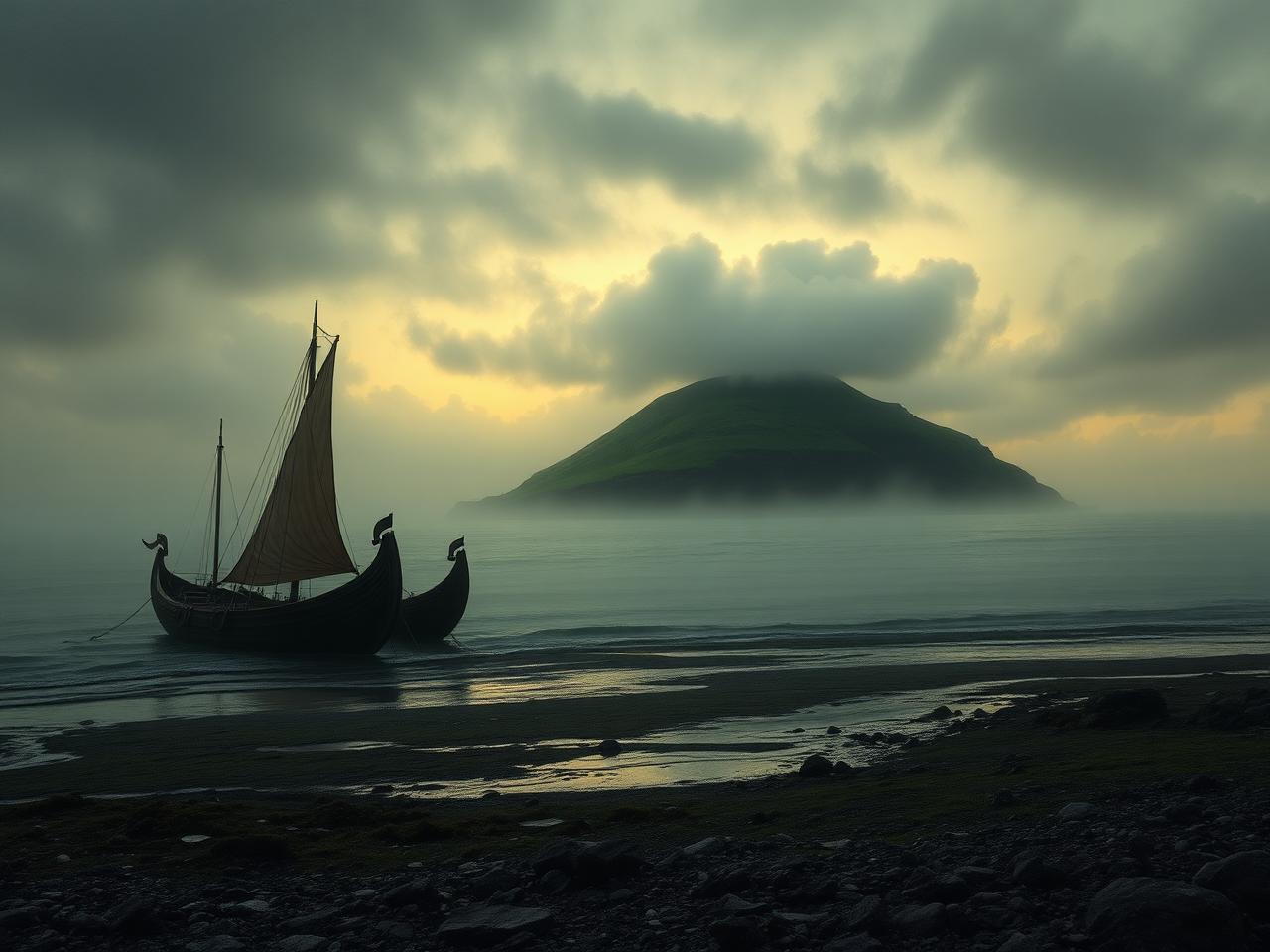 Viking longships beached on a misty Irish shore at dawn beneath a green headland