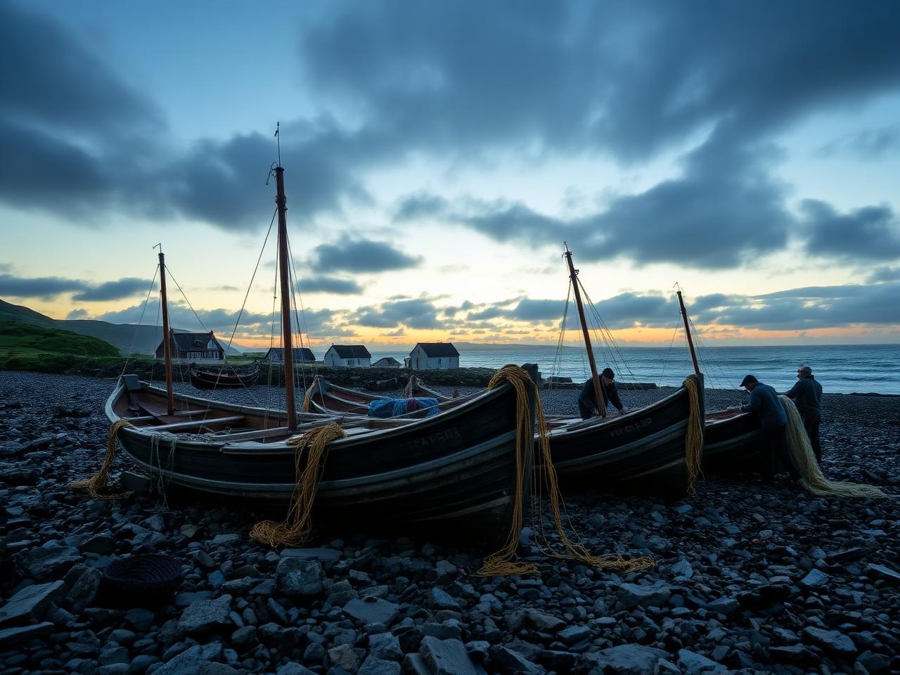 Traditional Irish fishing boats hauled up on a stony Atlantic shore at dusk with fishermen mending nets