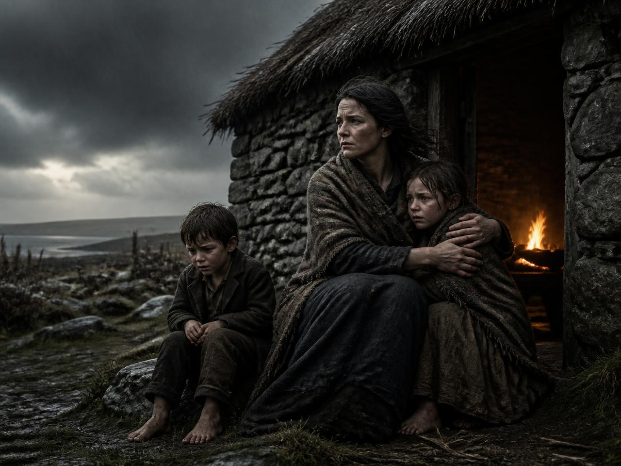 A mother in a shawl sheltering two barefoot children outside a stone cottage in the rain during Ireland's famine years