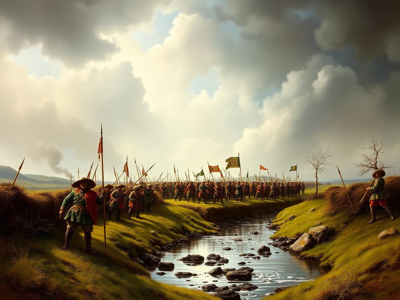 Painting of Irish pikemen and musketeers ambushing an English column at a boggy ford in Ulster in 1598